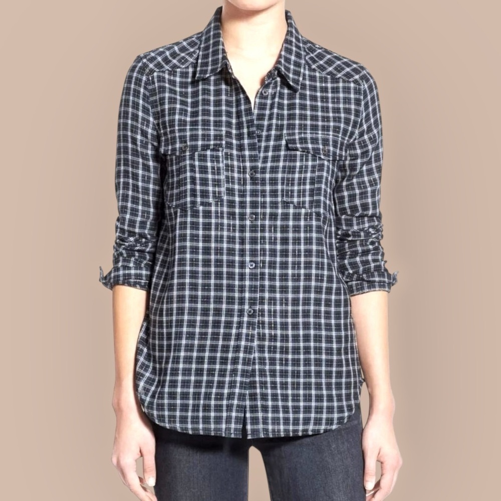 NWT PAIGE Denim ‘Mya Rosette Button-Down Shirt’ in “Luna Blue Plaid / Metallic”